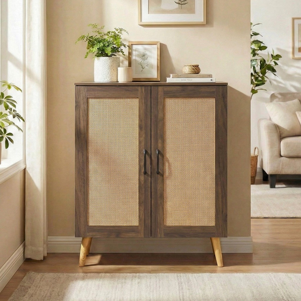 5-Tier Rattan Shoe Cabinet with 3 Removable Shelves-Walnut