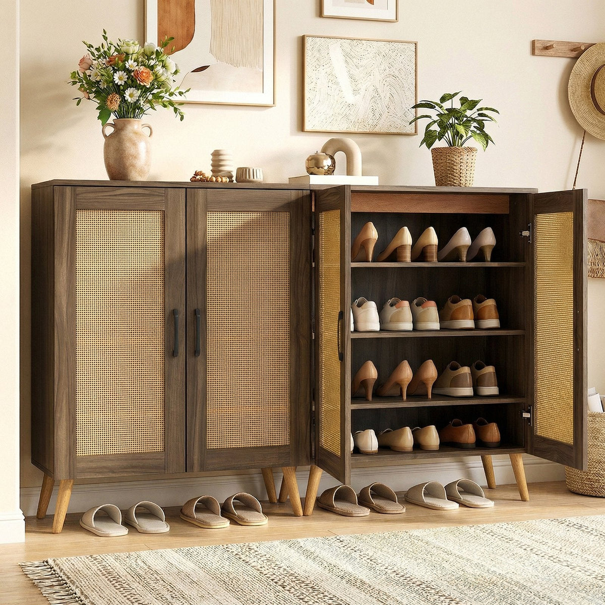 5-Tier Rattan Shoe Cabinet with 3 Removable Shelves-Walnut