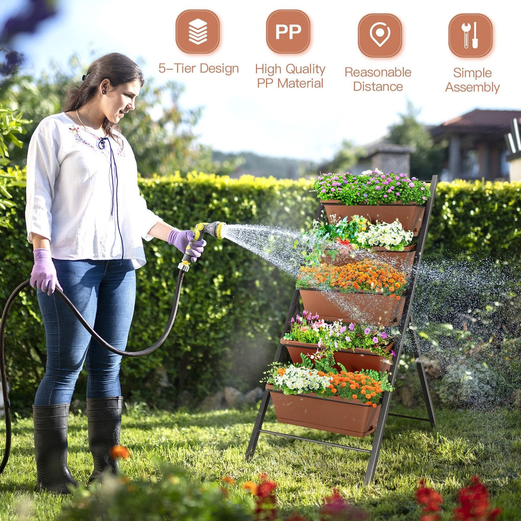 5 Tier Vertical Garden Planter in Brown, Freestanding Raised Bed with 5 Containers