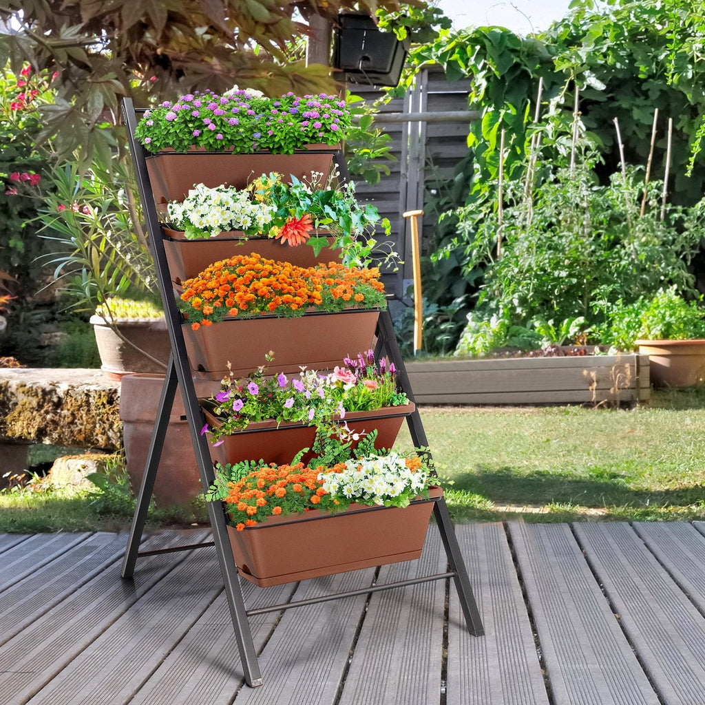 5 Tier Vertical Garden Planter in Brown, Freestanding Raised Bed with 5 Containers