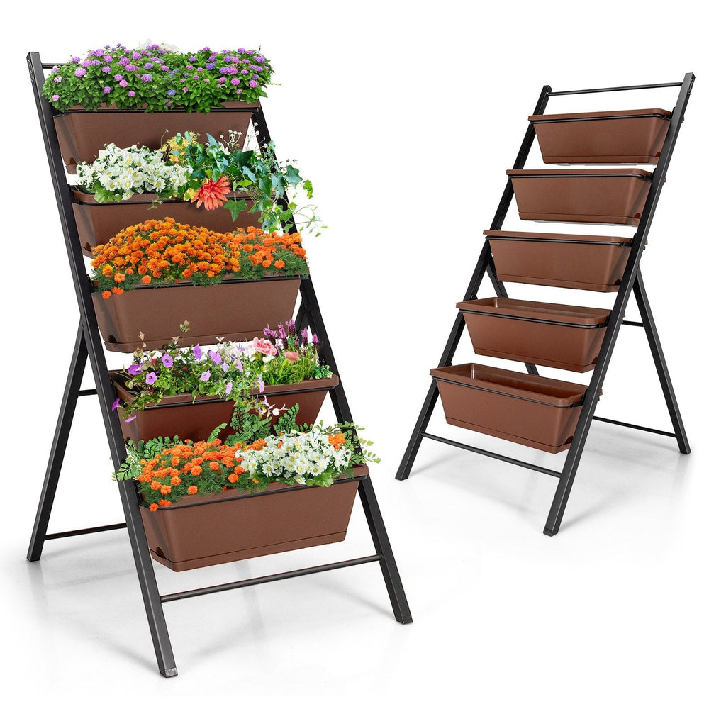 5 Tier Vertical Garden Planter in Brown, Freestanding Raised Bed with 5 Containers
