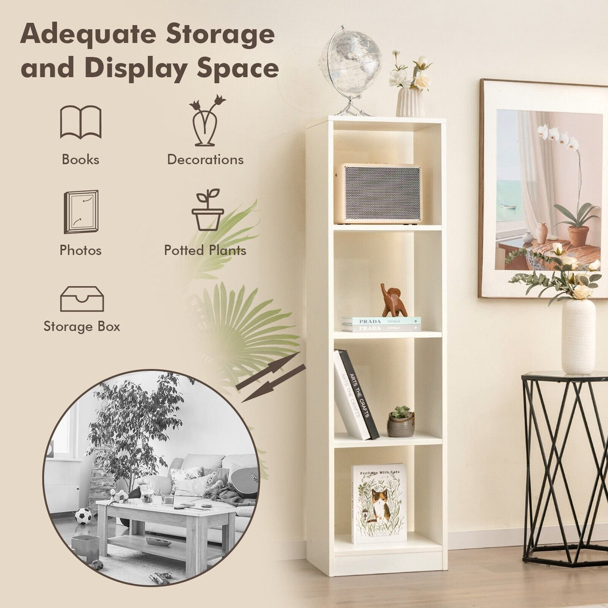 5 Tier Narrow Bookshelf with 4 Cubes and 4 Anti Tipping Kits, White