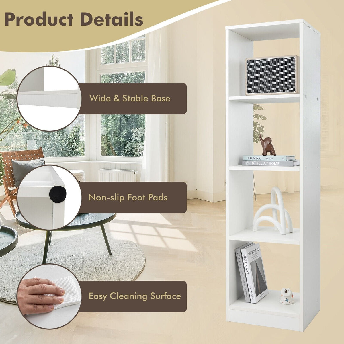 5 Tier Narrow Bookshelf with 4 Cubes and 4 Anti Tipping Kits, White