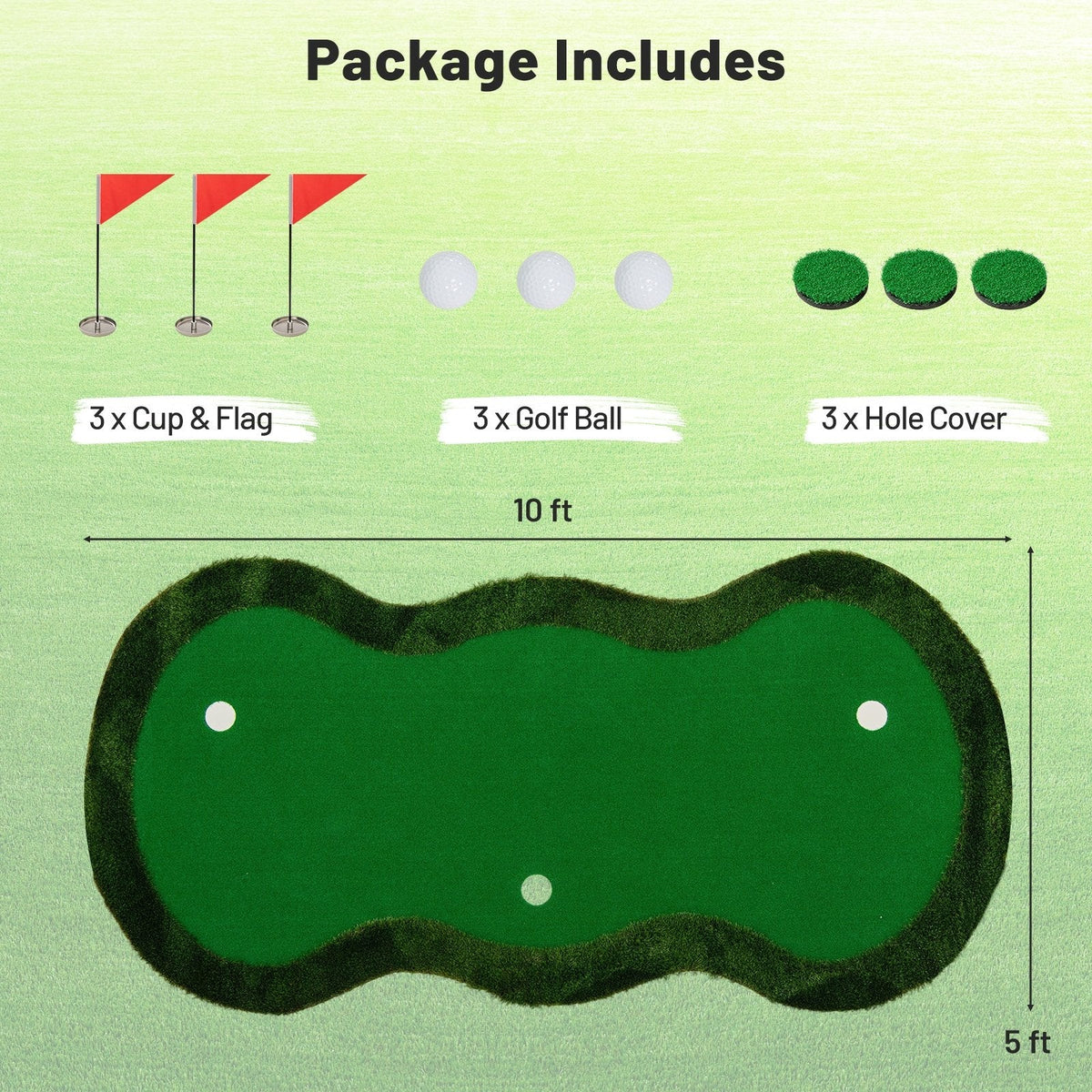 5 x 10 Feet Golf Practice Putting Green Mat with 3 Holes and Golf Balls for Home Office Backyard