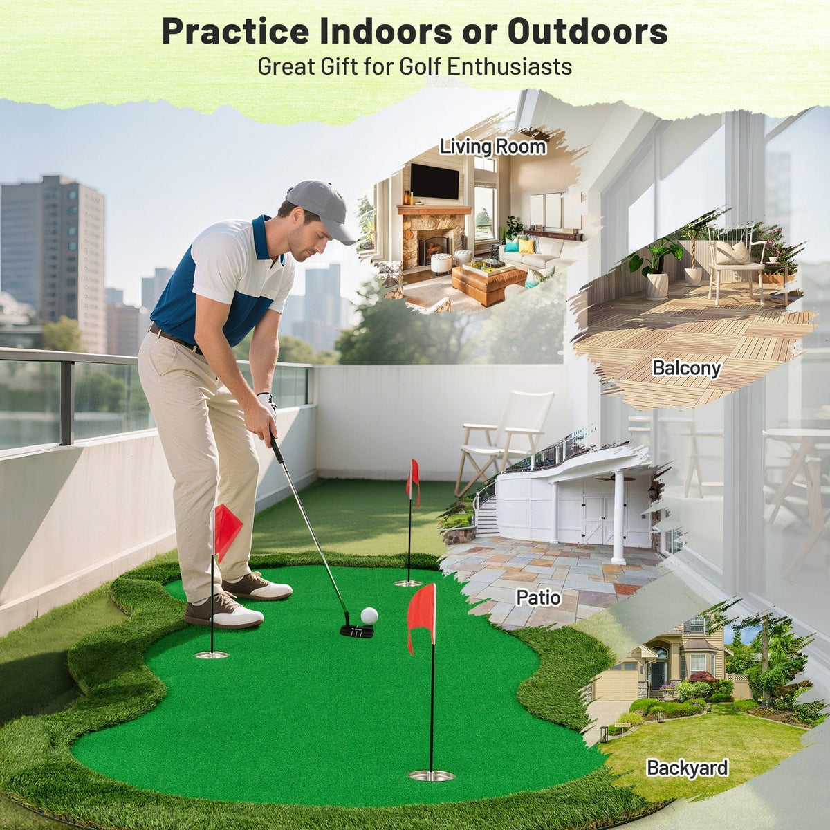 5 x 10 Feet Golf Practice Putting Green Mat with 3 Holes and Golf Balls for Home Office Backyard
