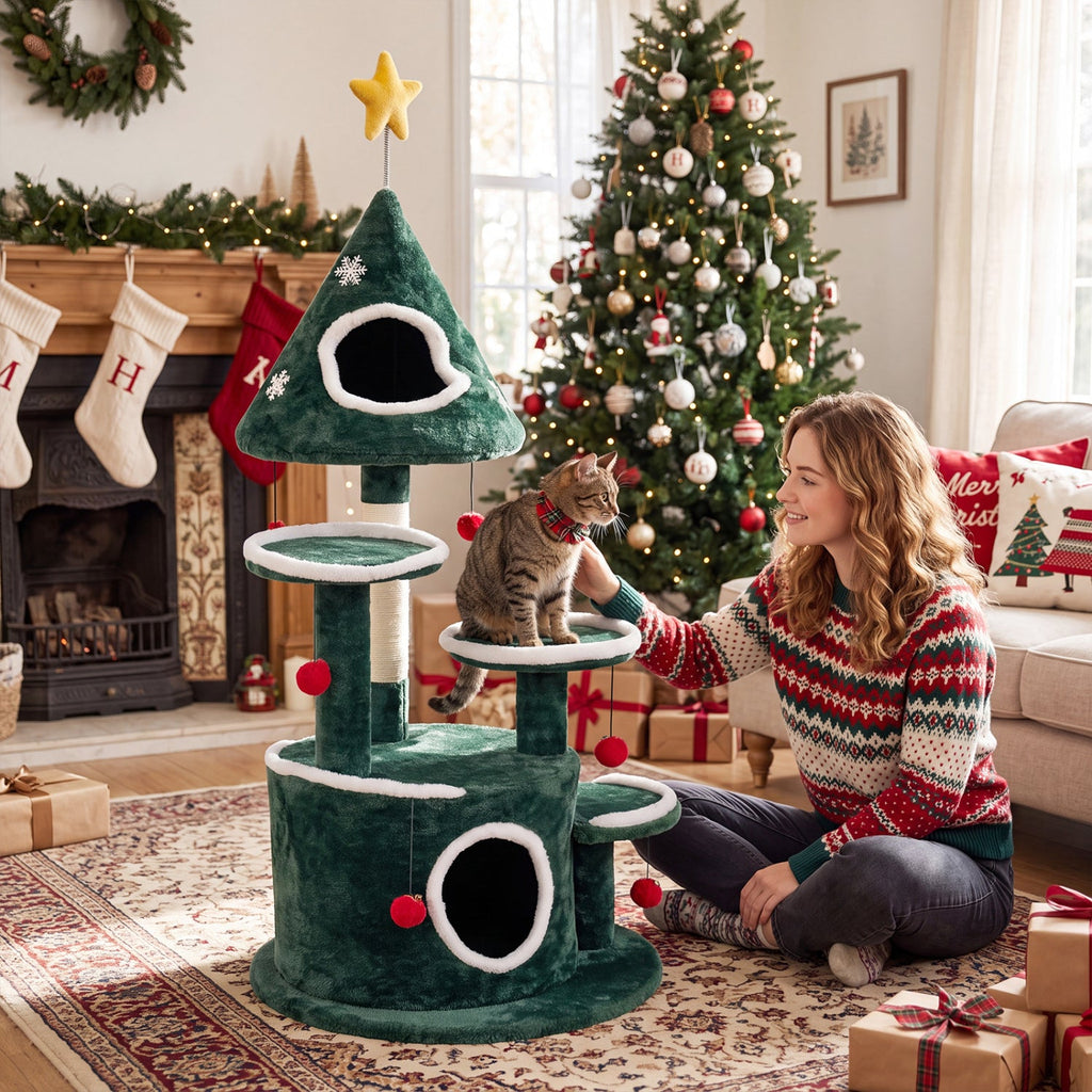 50 Inch Christmas Cat Tree with Tree Shaped Condo, Bottom Condo and Sisal Post, Green