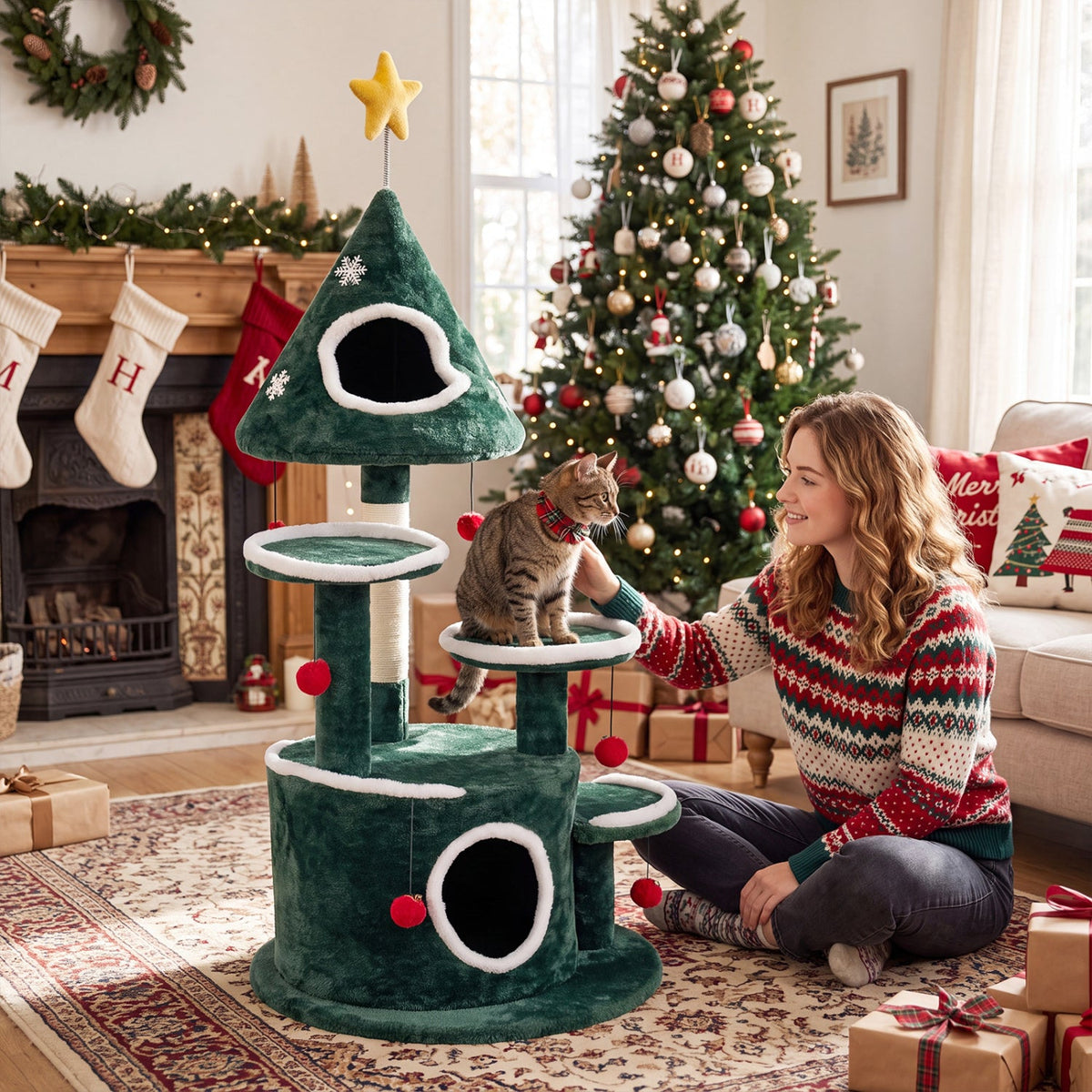 50 Inch Christmas Cat Tree with Tree Shaped Condo, Bottom Condo and Sisal Post, Green