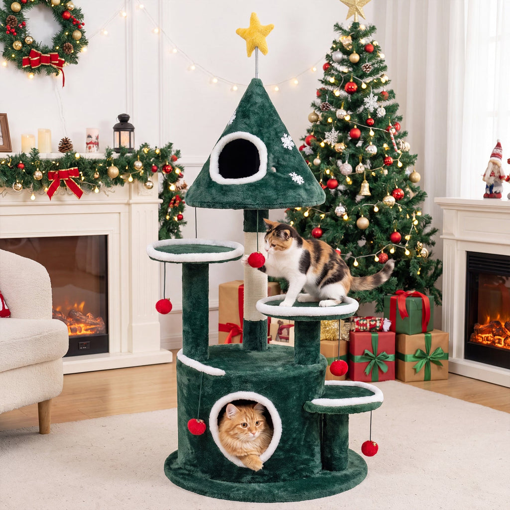 50 Inch Christmas Cat Tree with Tree Shaped Condo, Bottom Condo and Sisal Post, Green