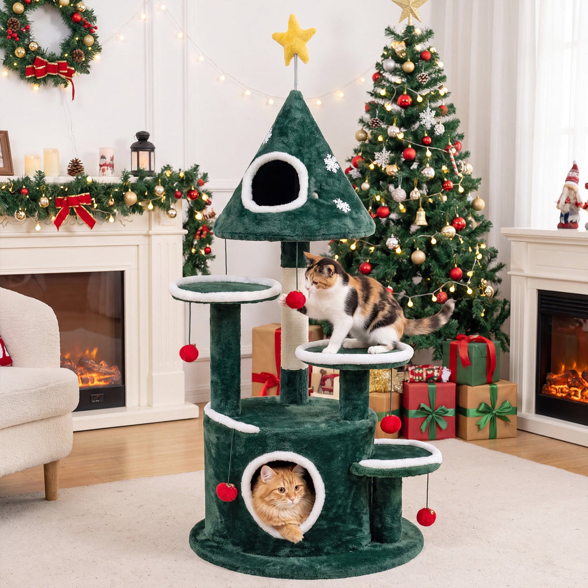 50 Inch Christmas Cat Tree with Tree Shaped Condo, Bottom Condo and Sisal Post, Green