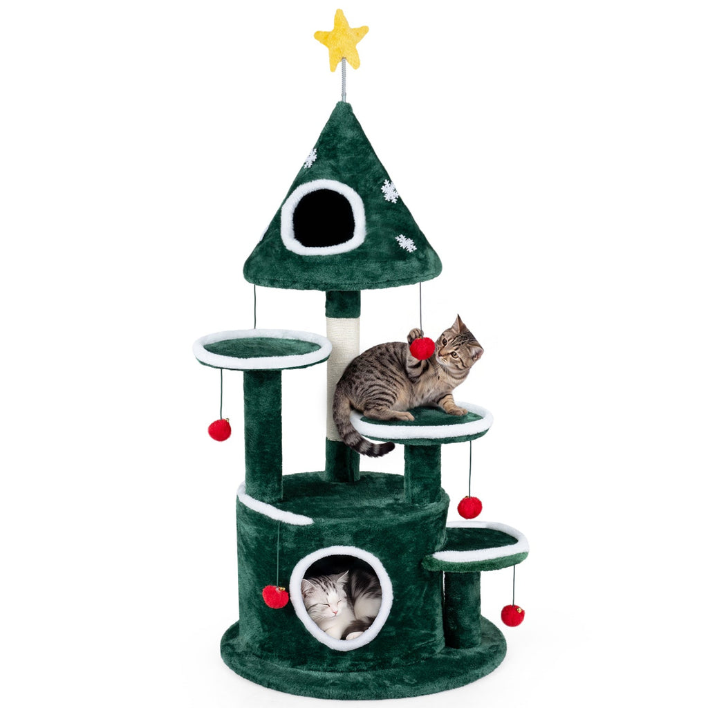 50 Inch Christmas Cat Tree with Tree Shaped Condo, Bottom Condo and Sisal Post, Green