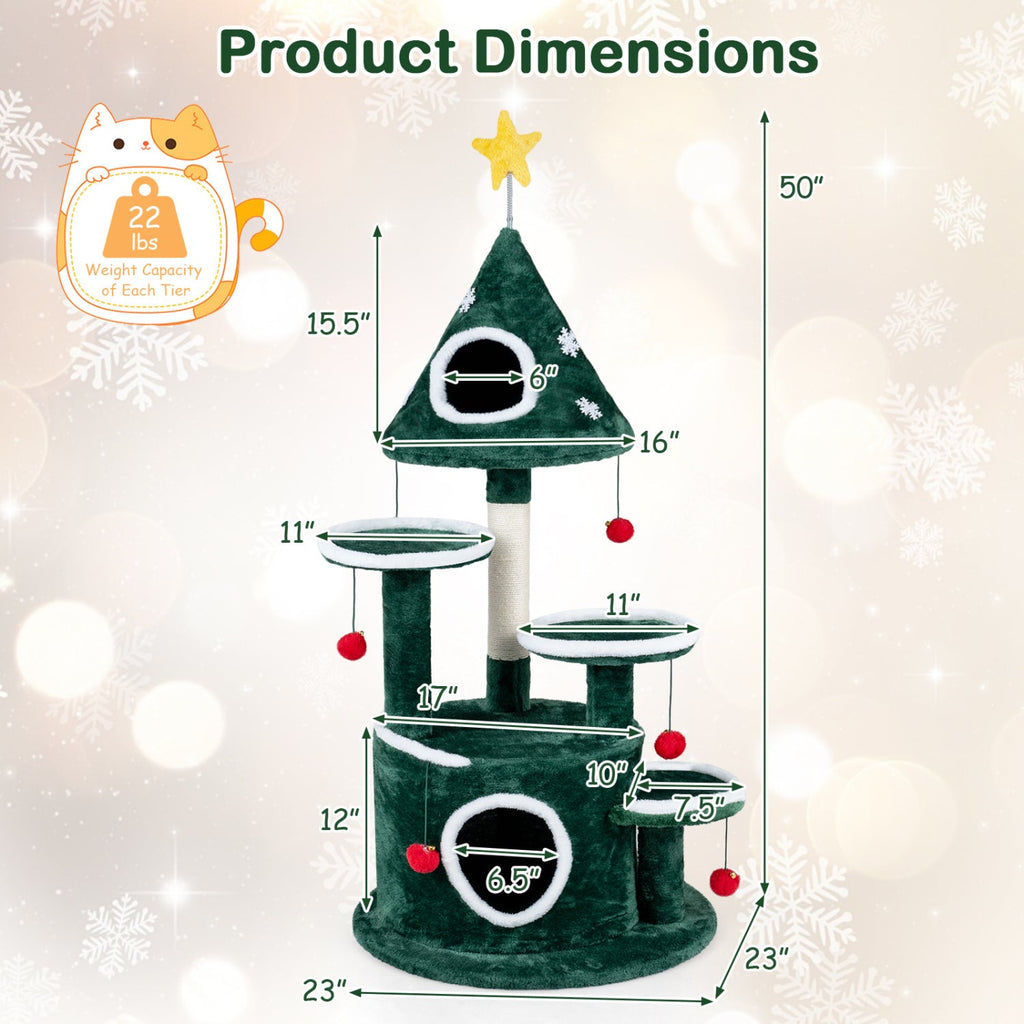 50 Inch Christmas Cat Tree with Tree Shaped Condo, Bottom Condo and Sisal Post, Green