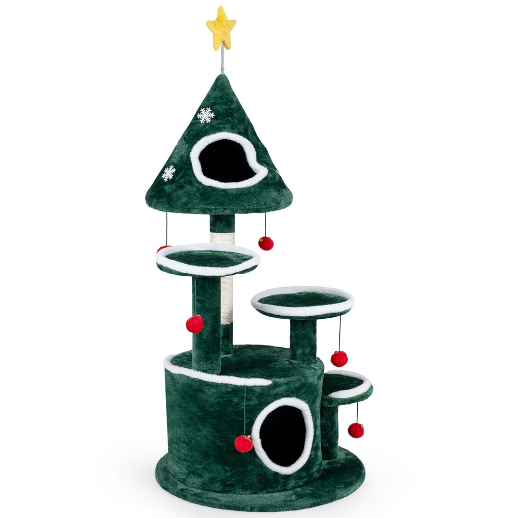 50 Inch Christmas Cat Tree with Tree Shaped Condo, Bottom Condo and Sisal Post, Green