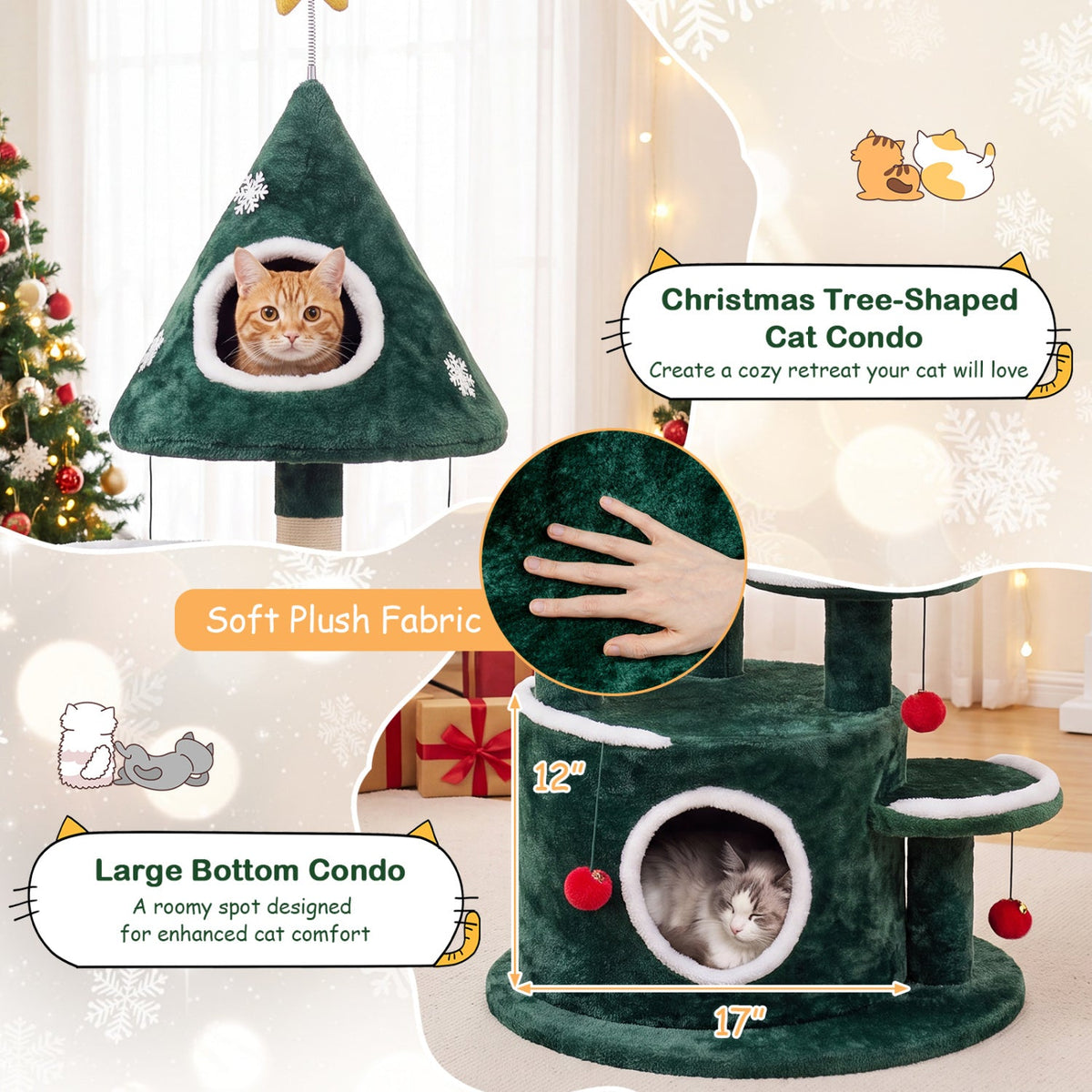 50 Inch Christmas Cat Tree with Tree Shaped Condo, Bottom Condo and Sisal Post, Green