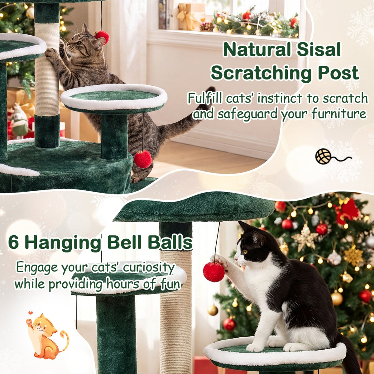 50 Inch Christmas Cat Tree with Tree Shaped Condo, Bottom Condo and Sisal Post, Green