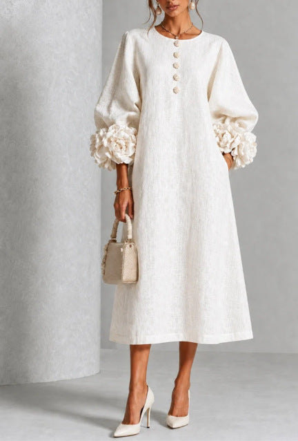 Women’s 3D Floral A-Line Dress – Puff Sleeve French-Style Party & Wedding Dress