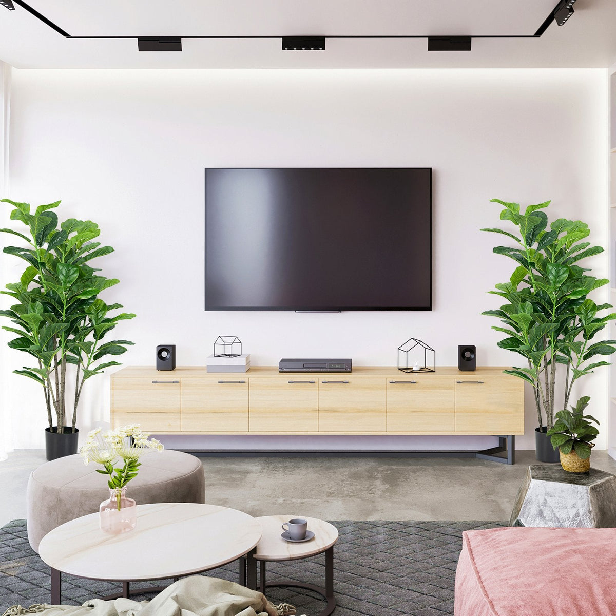 51 Inch Artificial Fiddle Leaf Fig Trees, 2 Pack with Cement Filled Pots
