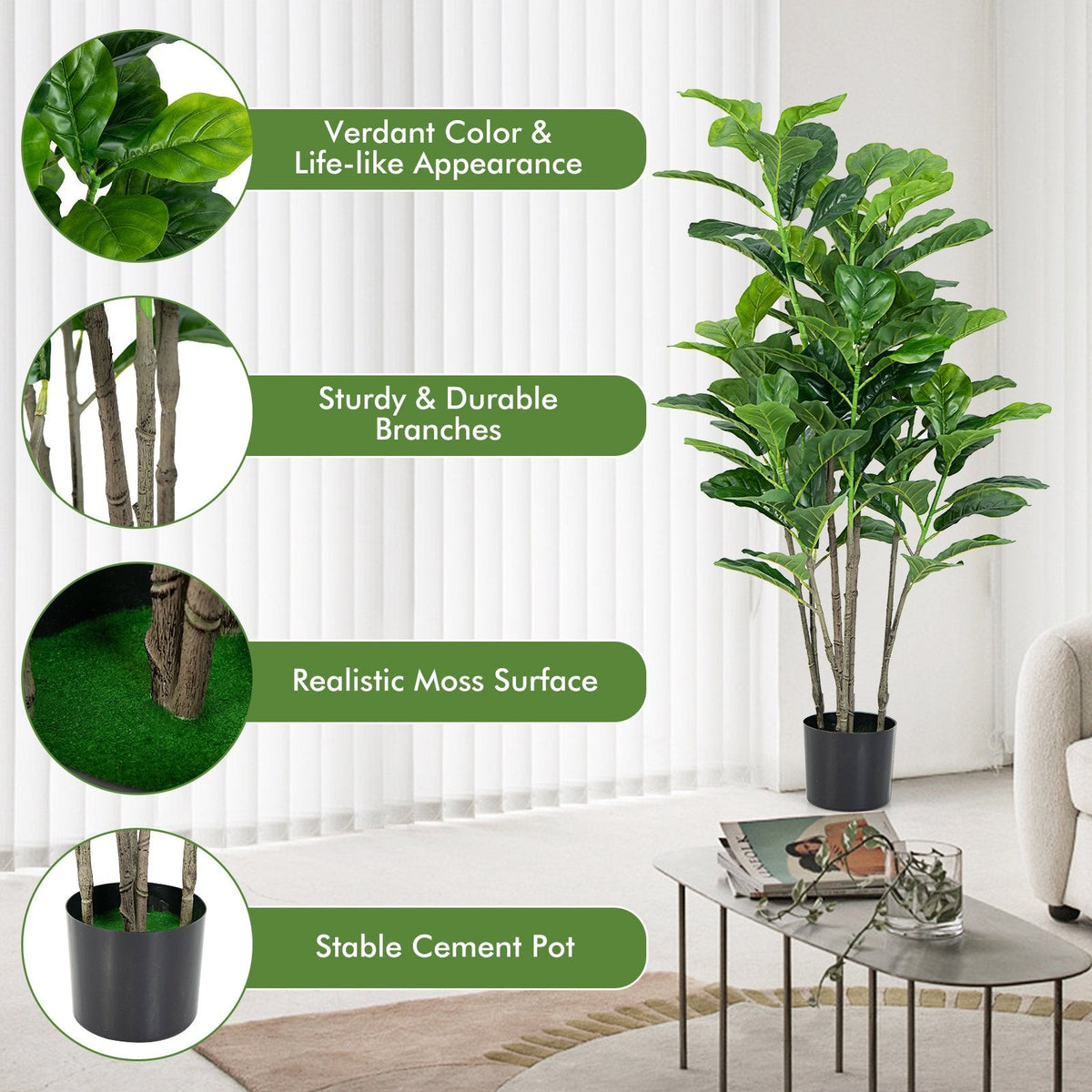 51 Inch Artificial Fiddle Leaf Fig Trees, 2 Pack with Cement Filled Pots