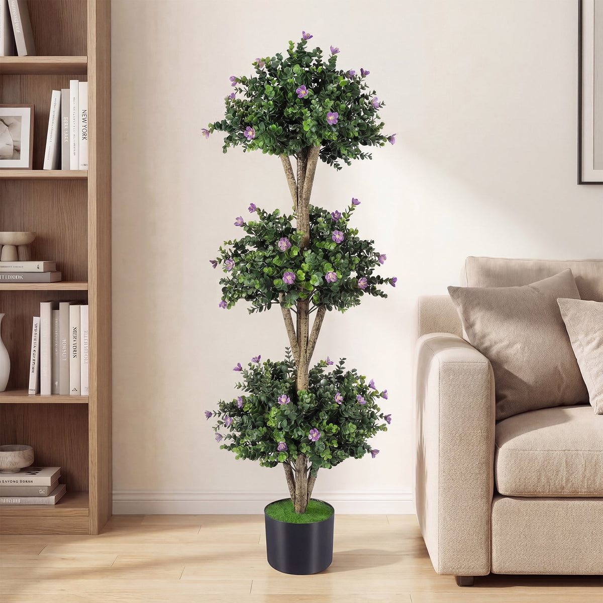 51 inches Artificial Triple Ball Boxwood Topiary Tree with 59 Blossoms-Purple