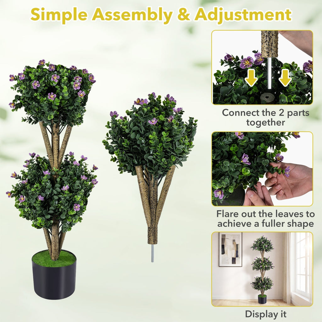 51 inches Artificial Triple Ball Boxwood Topiary Tree with 59 Blossoms-Purple