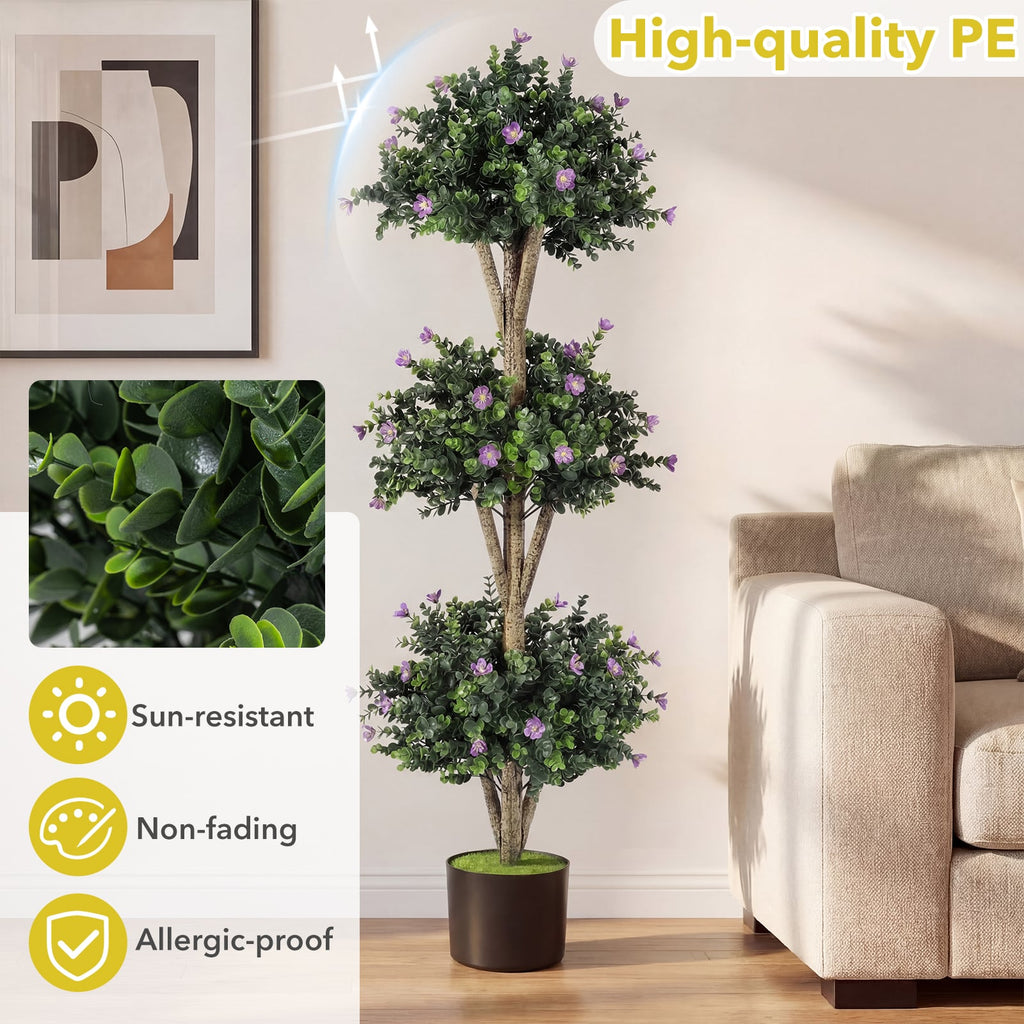 51 inches Artificial Triple Ball Boxwood Topiary Tree with 59 Blossoms-Purple