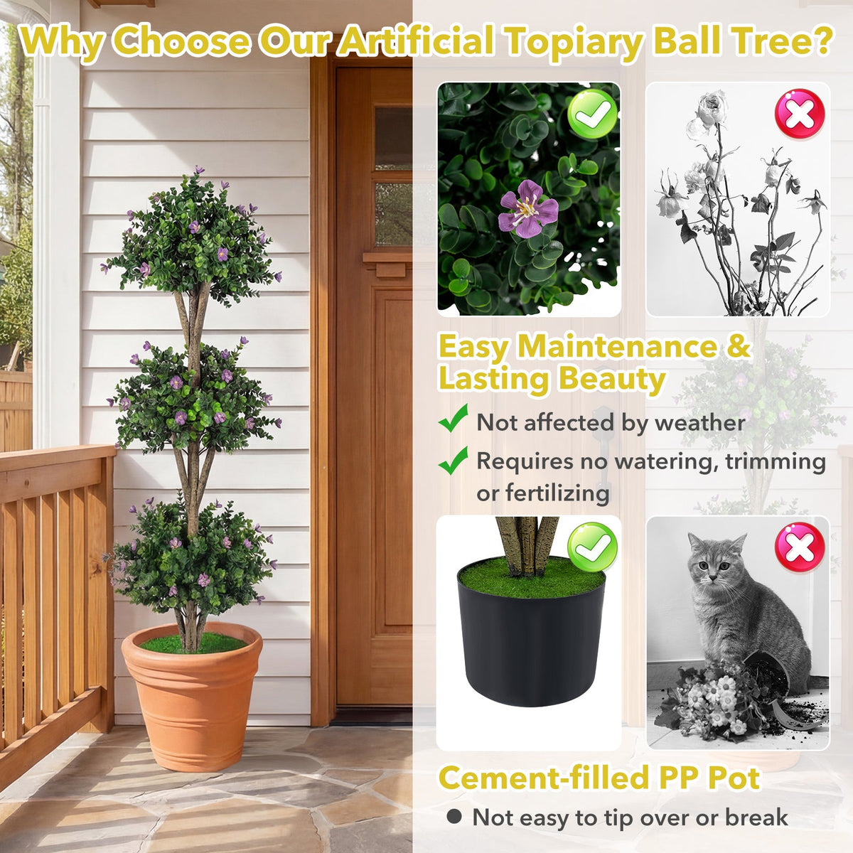 51 inches Artificial Triple Ball Boxwood Topiary Tree with 59 Blossoms-Purple