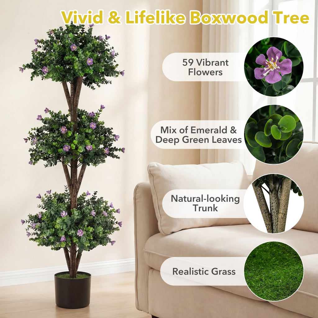 51 inches Artificial Triple Ball Boxwood Topiary Tree with 59 Blossoms-Purple