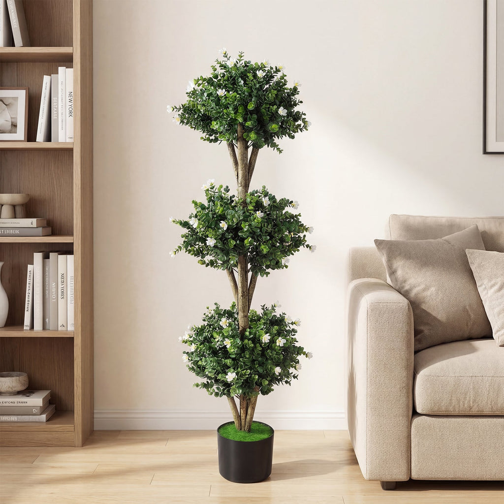 51 inches Artificial Triple Ball Boxwood Topiary Tree with 59 Blossoms-White