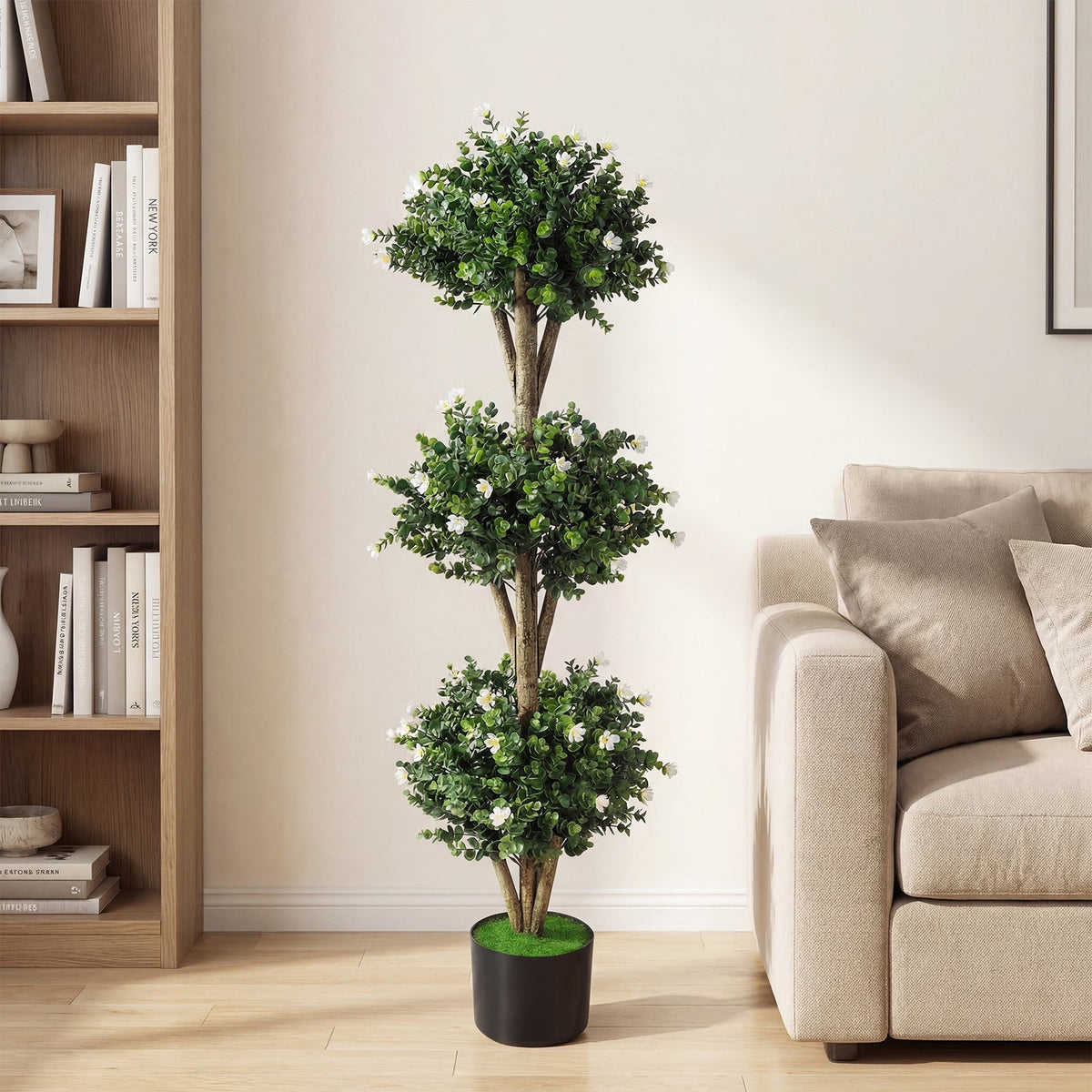 51 inches Artificial Triple Ball Boxwood Topiary Tree with 59 Blossoms-White