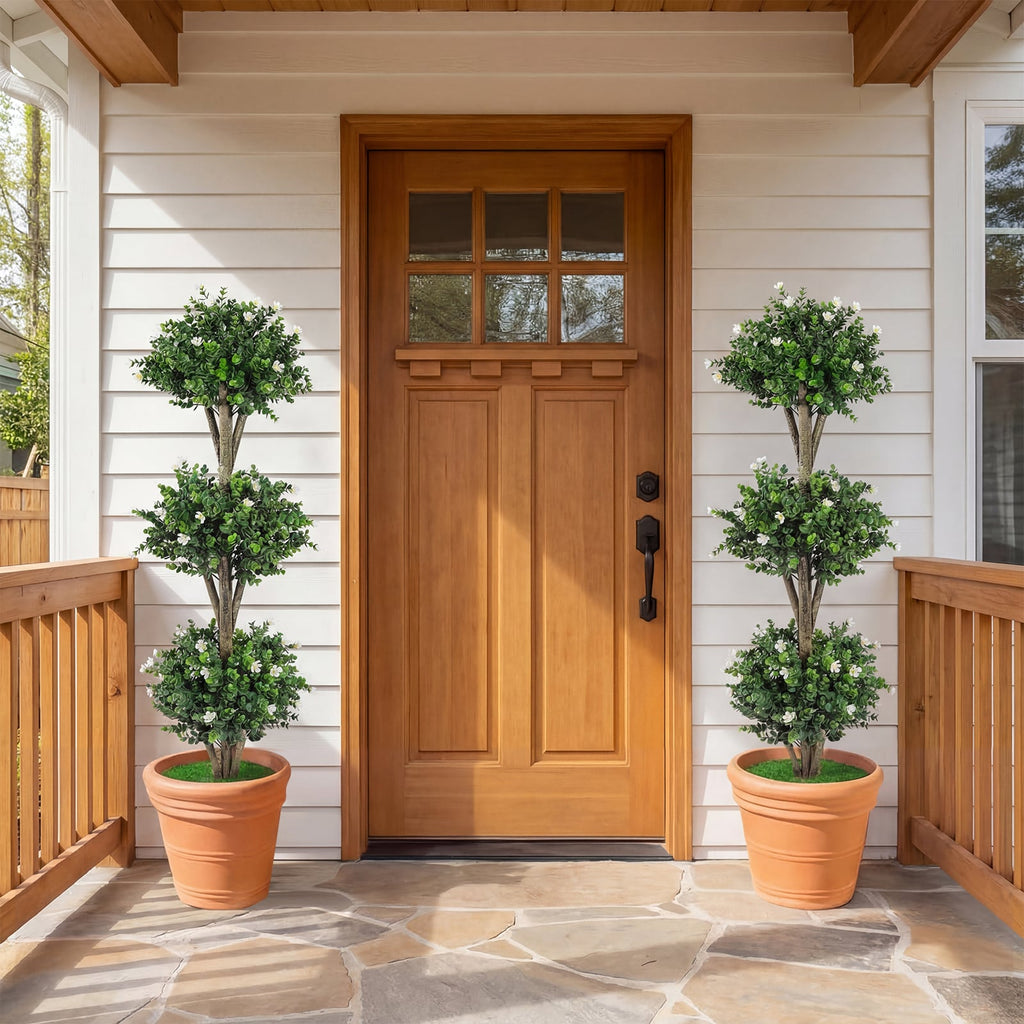 51 inches Artificial Triple Ball Boxwood Topiary Tree with 59 Blossoms-White