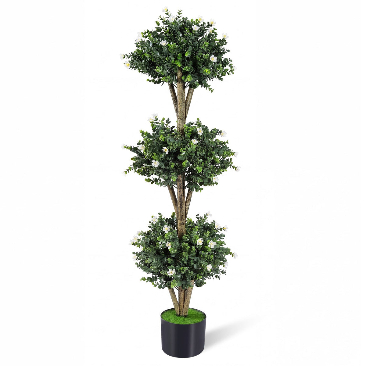 51 inches Artificial Triple Ball Boxwood Topiary Tree with 59 Blossoms-White