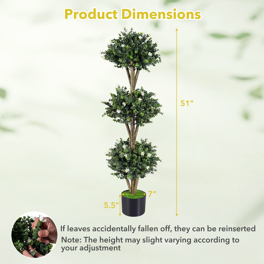 51 inches Artificial Triple Ball Boxwood Topiary Tree with 59 Blossoms-White
