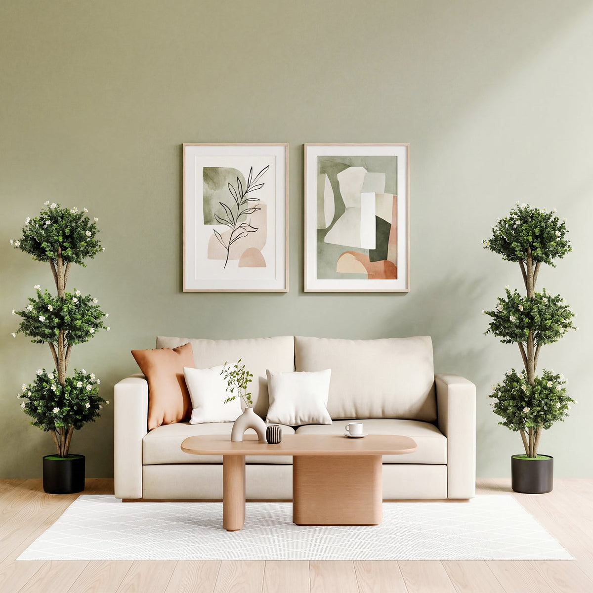 51 inches Artificial Triple Ball Boxwood Topiary Tree with 59 Blossoms-White