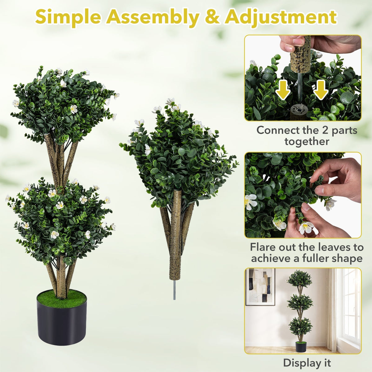 51 inches Artificial Triple Ball Boxwood Topiary Tree with 59 Blossoms-White