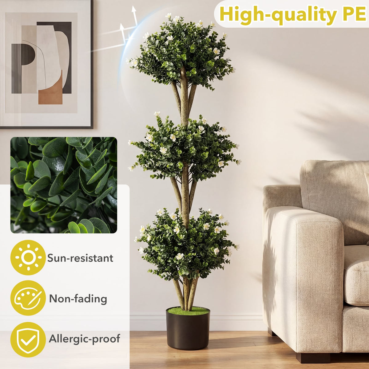 51 inches Artificial Triple Ball Boxwood Topiary Tree with 59 Blossoms-White