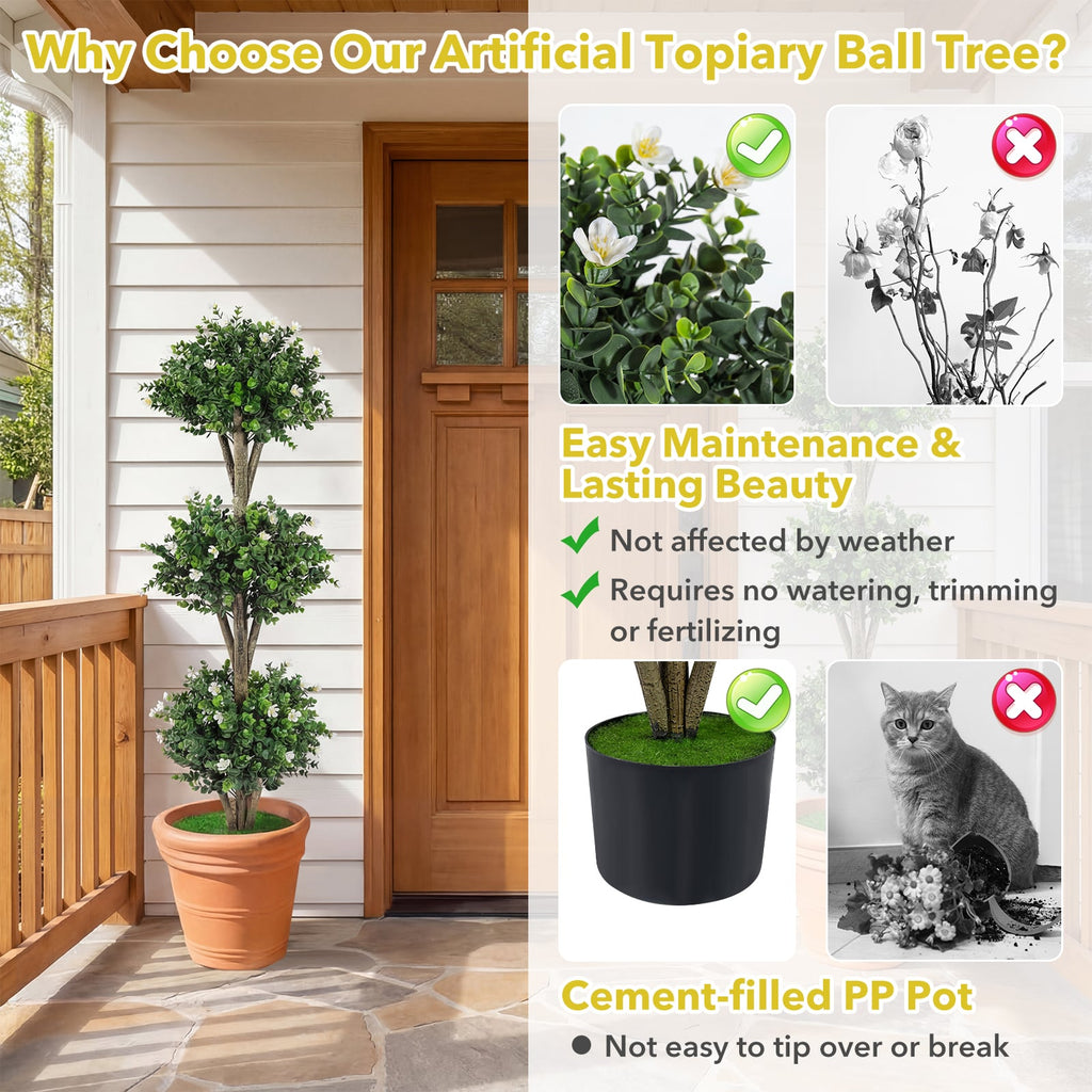 51 inches Artificial Triple Ball Boxwood Topiary Tree with 59 Blossoms-White