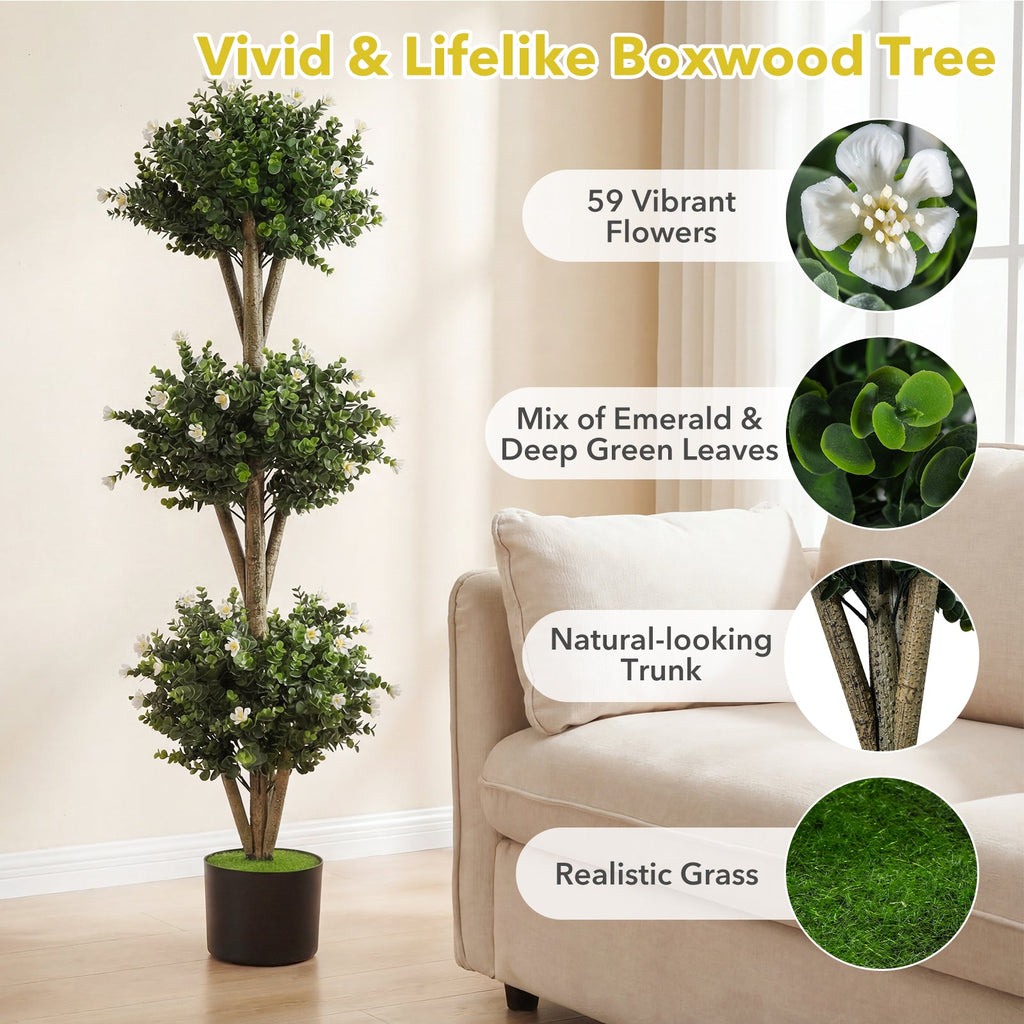 51 inches Artificial Triple Ball Boxwood Topiary Tree with 59 Blossoms-White
