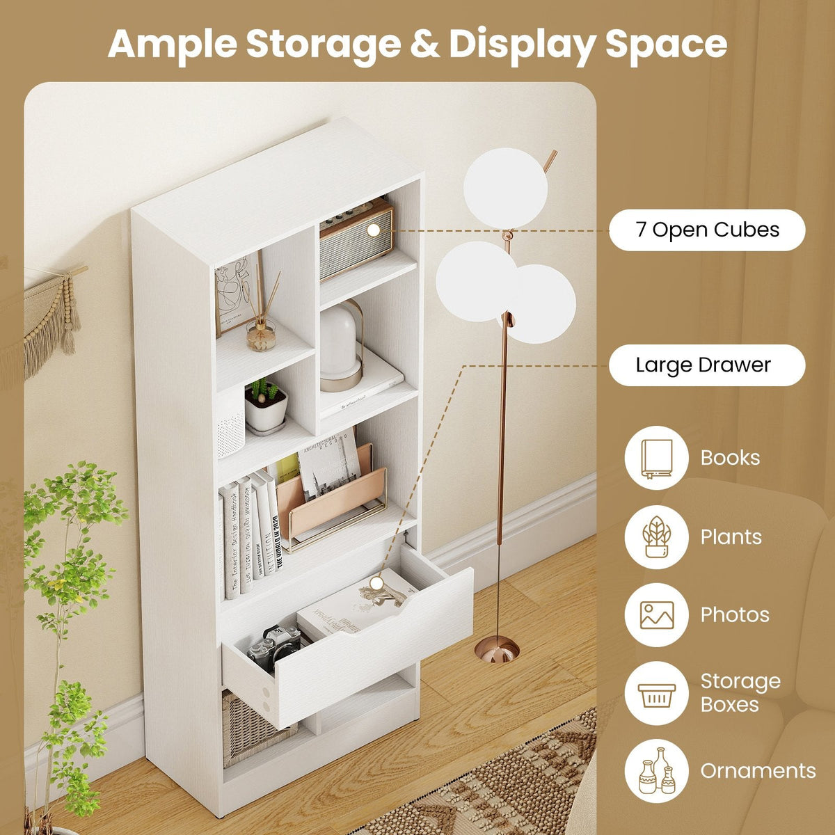 51inch Tall Freestanding Bookcase with Drawer 7-Cube Storage Organizer-White