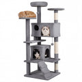 52 Inch Light Gray Cat Tree with Two Caves, Two Round Perches and Climbing Ramp
