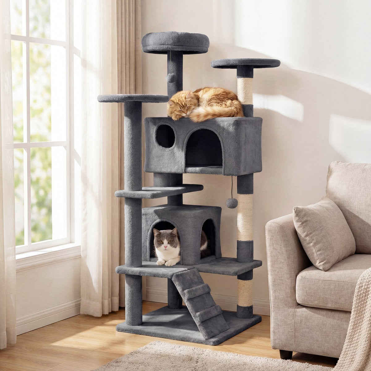 52 Inch Light Gray Cat Tree with Two Caves, Two Round Perches and Climbing Ramp