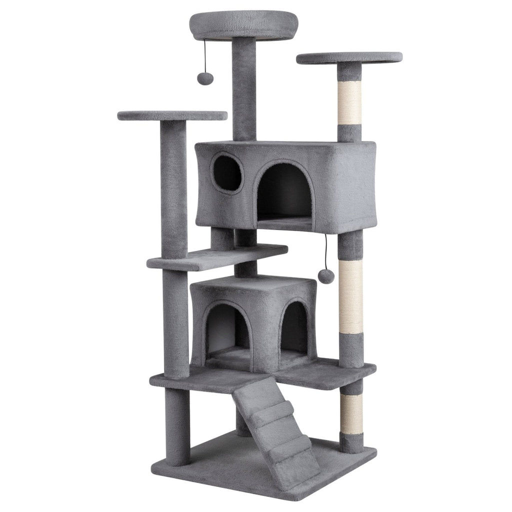 52 Inch Light Gray Cat Tree with Two Caves, Two Round Perches and Climbing Ramp