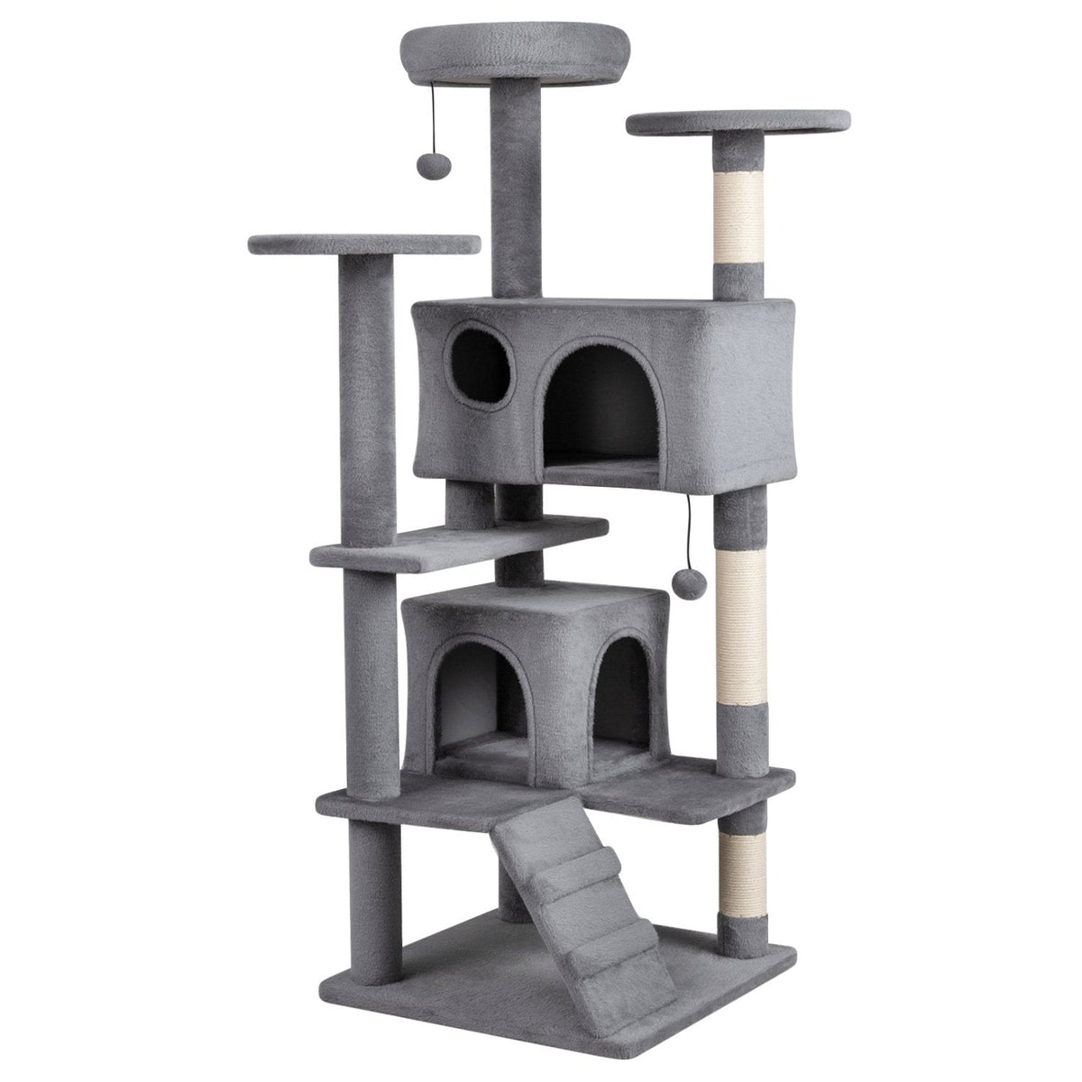 52 Inch Light Gray Cat Tree with Two Caves, Two Round Perches and Climbing Ramp