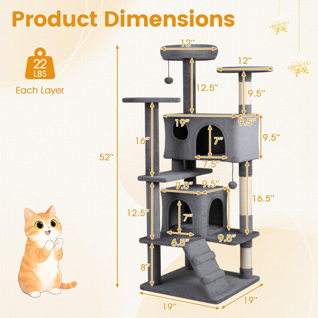 52 Inch Light Gray Cat Tree with Two Caves, Two Round Perches and Climbing Ramp