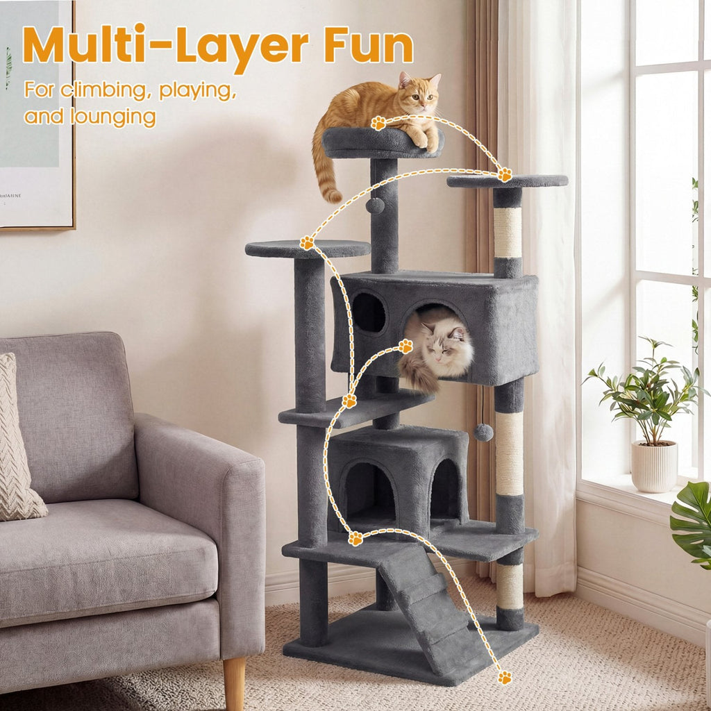 52 Inch Light Gray Cat Tree with Two Caves, Two Round Perches and Climbing Ramp