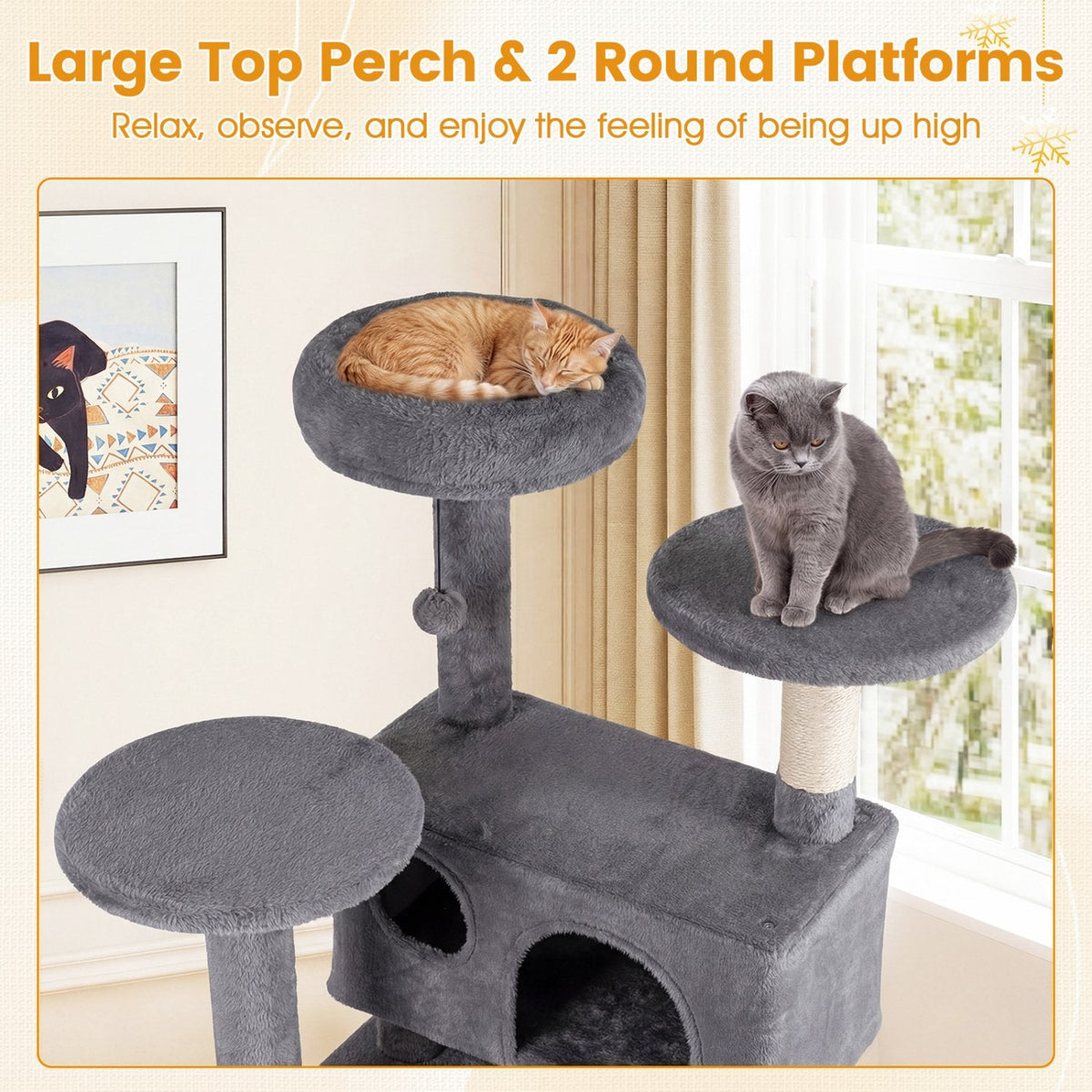 52 Inch Light Gray Cat Tree with Two Caves, Two Round Perches and Climbing Ramp