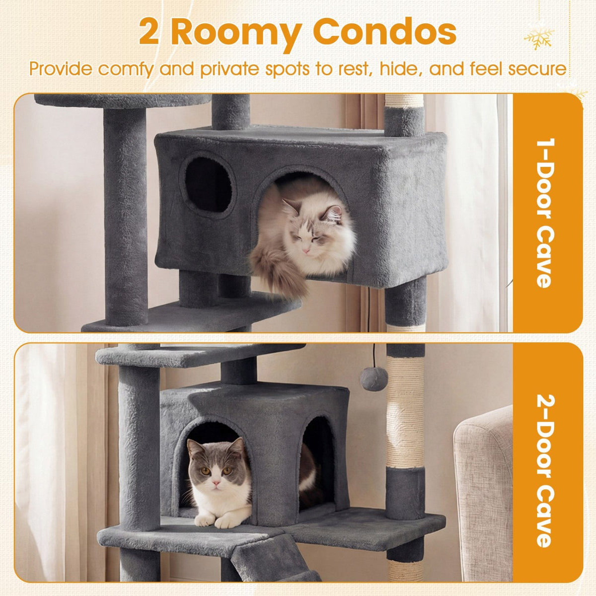 52 Inch Light Gray Cat Tree with Two Caves, Two Round Perches and Climbing Ramp