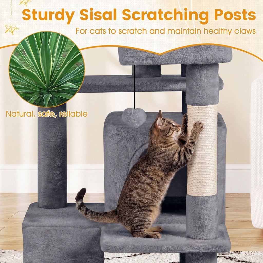 52 Inch Light Gray Cat Tree with Two Caves, Two Round Perches and Climbing Ramp