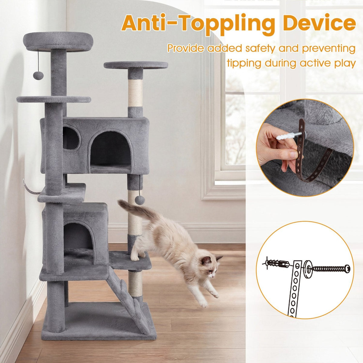 52 Inch Light Gray Cat Tree with Two Caves, Two Round Perches and Climbing Ramp