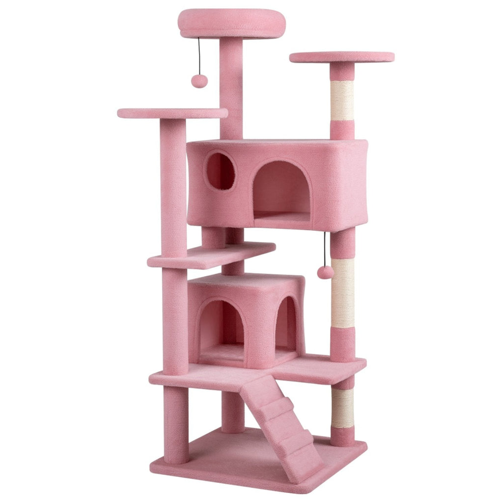 52 Inch Pink Cat Tree with Two Caves, Padded Top Perch and Sisal Scratching Posts