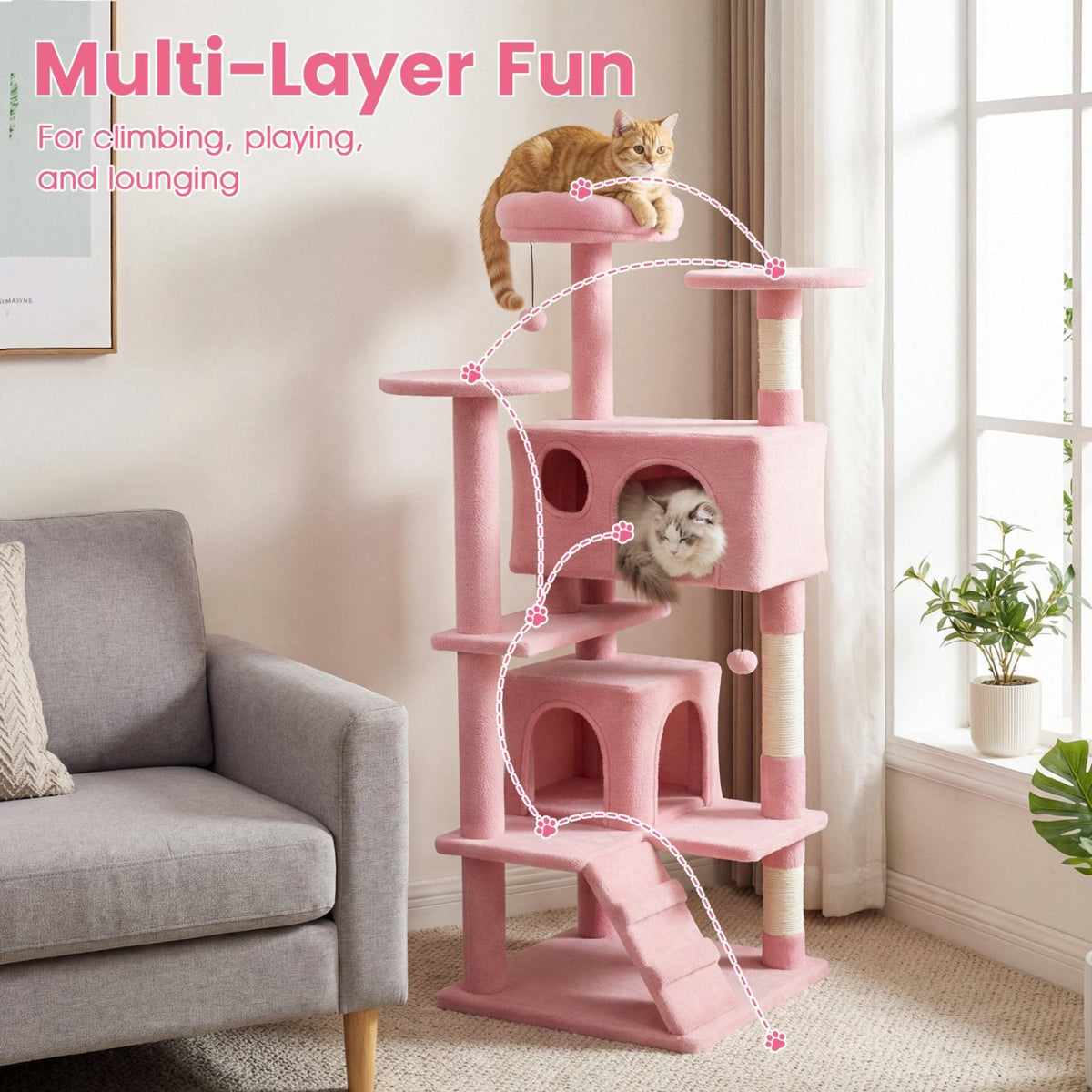 52 Inch Pink Cat Tree with Two Caves, Padded Top Perch and Sisal Scratching Posts