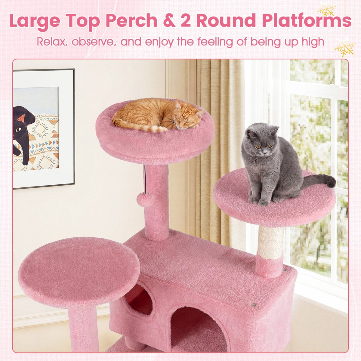 52 Inch Pink Cat Tree with Two Caves, Padded Top Perch and Sisal Scratching Posts